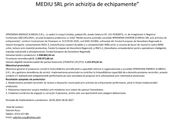 Comunicat de presă – 4PRODEMA ENERGIE ȘI MEDIU SRL investește în echipamente moderne