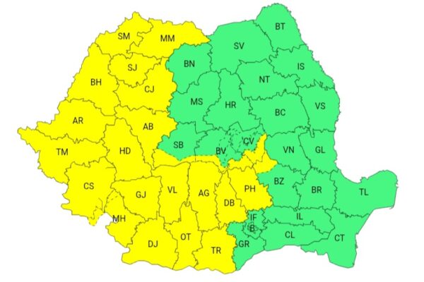 Cod galben de instabilitate atmosferică în Oltenia: averse torențiale, descărcări electrice și vijelii până mâine la prânz