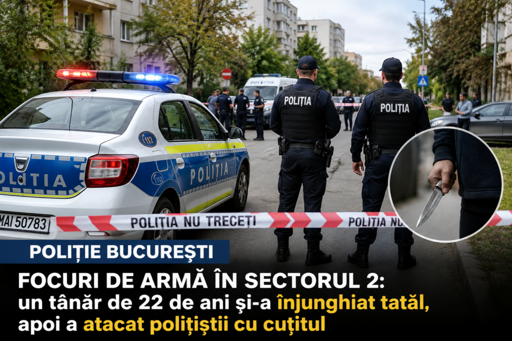 Focuri de armă în Sectorul 2: un tânăr de 22 de ani și-a înjunghiat tatăl, apoi a atacat polițiștii cu cuțitul