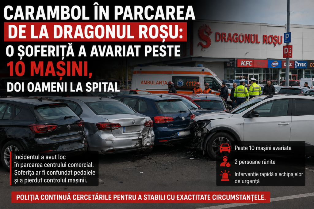 Carambol în parcarea de la Dragonul Roșu: o șoferiță a avariat peste 10 mașini, doi oameni la spital