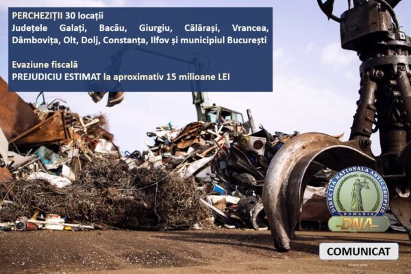 Percheziții DNA într-un dosar de evaziune fiscală de 15 milioane de lei, vizând firme de reciclare a deșeurilor metalice